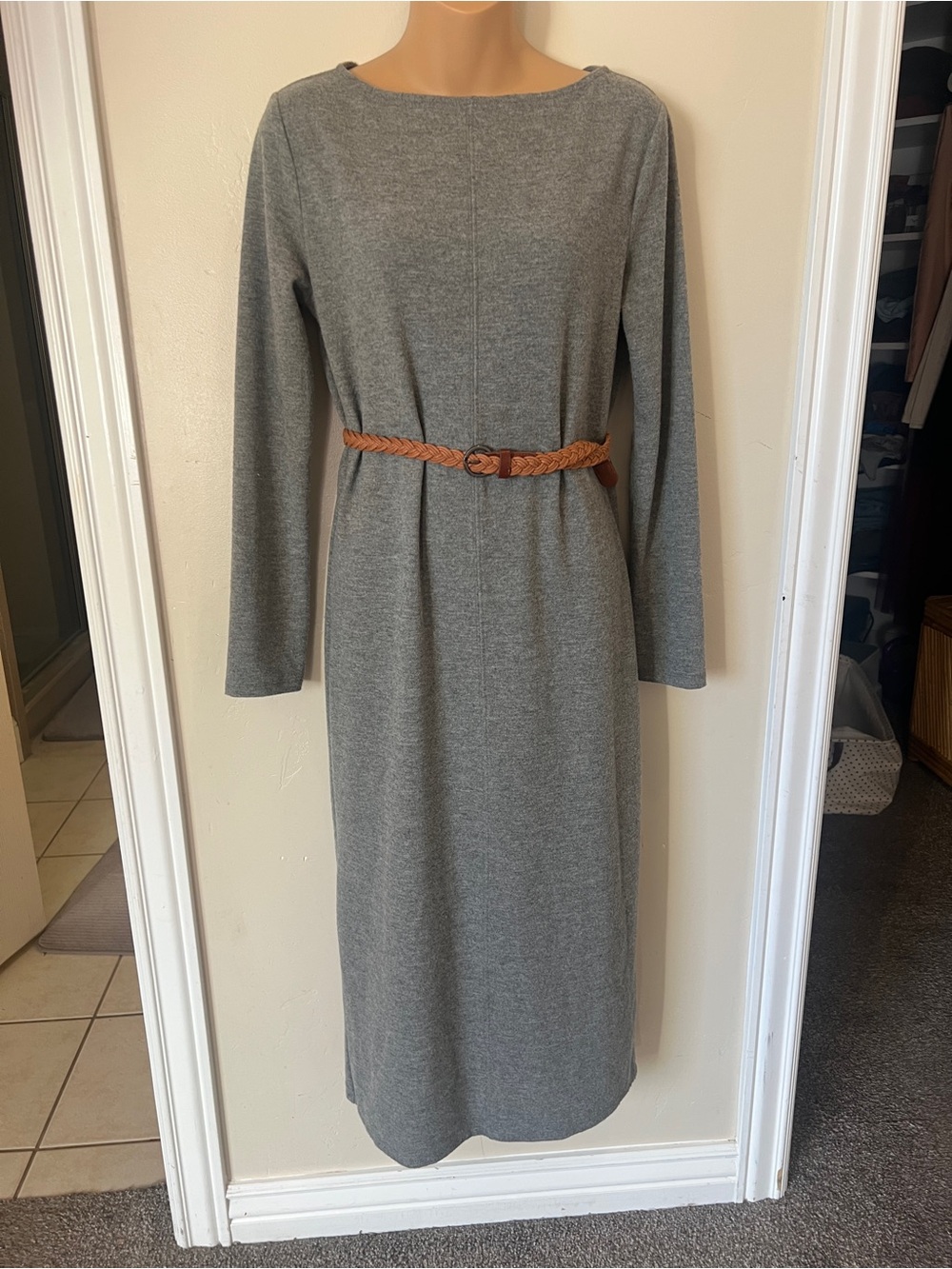 a new day Gray Long Sleeve Knit Midi Dress: belt not included